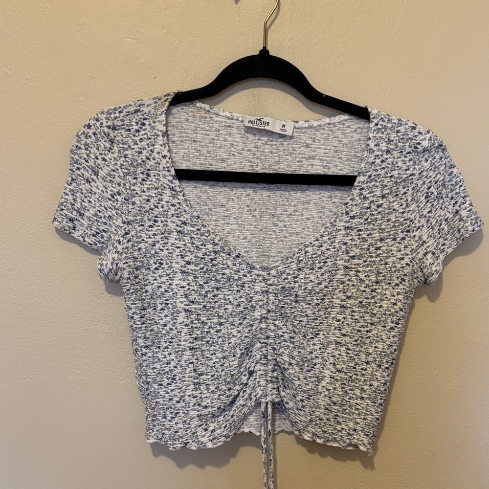 Hollister Blue and White Ruched Crop Top